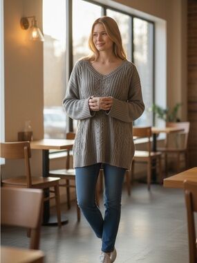 Soma Gray Cable-Knit V-Neck Sweater